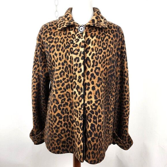 Jones New York Leopard Wool Blend Jacket Coat Animal Print Brown Black Womens S - Picture 1 of 7